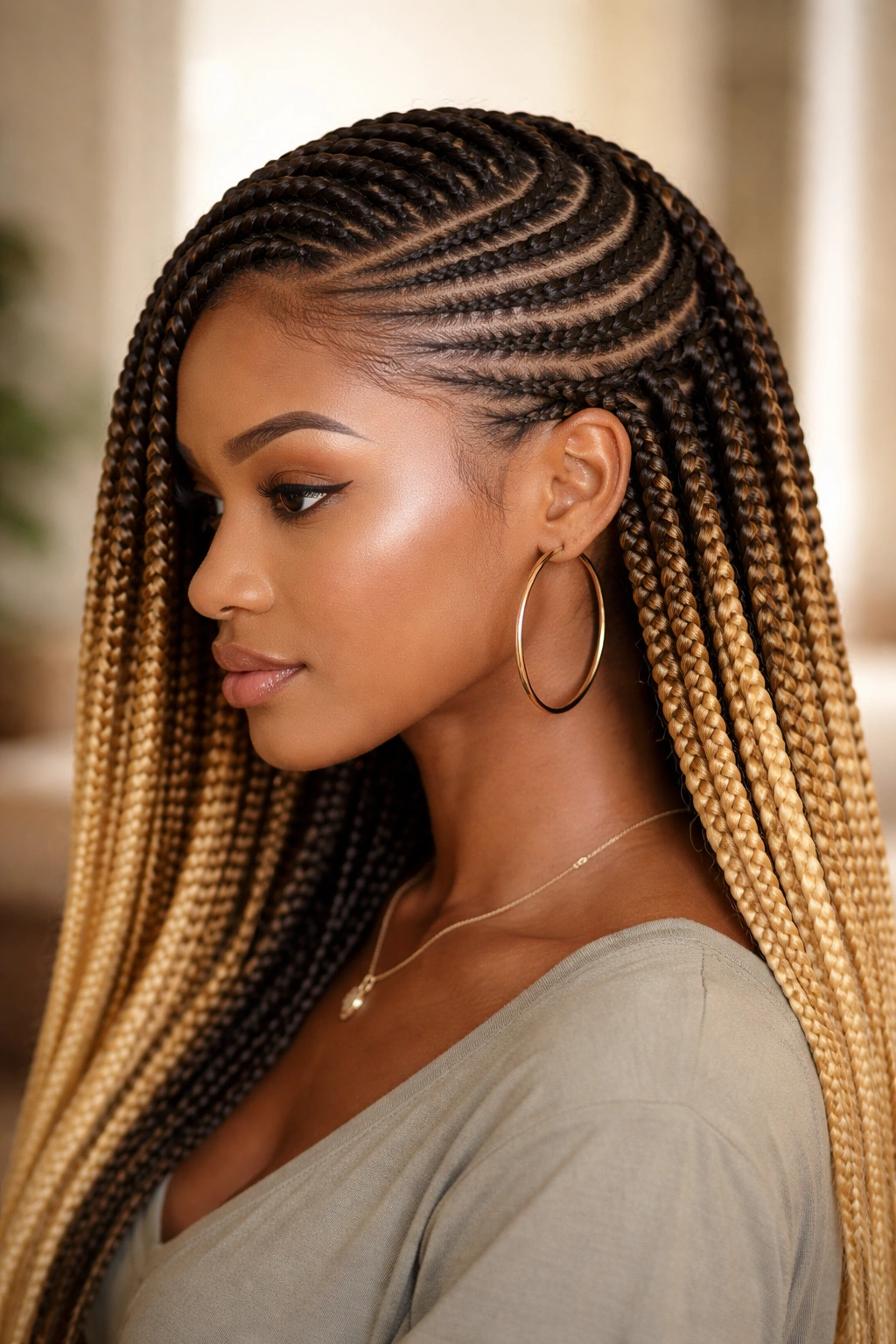 Two-toned lemonade braids side-swept across head in crown-like diagonal path