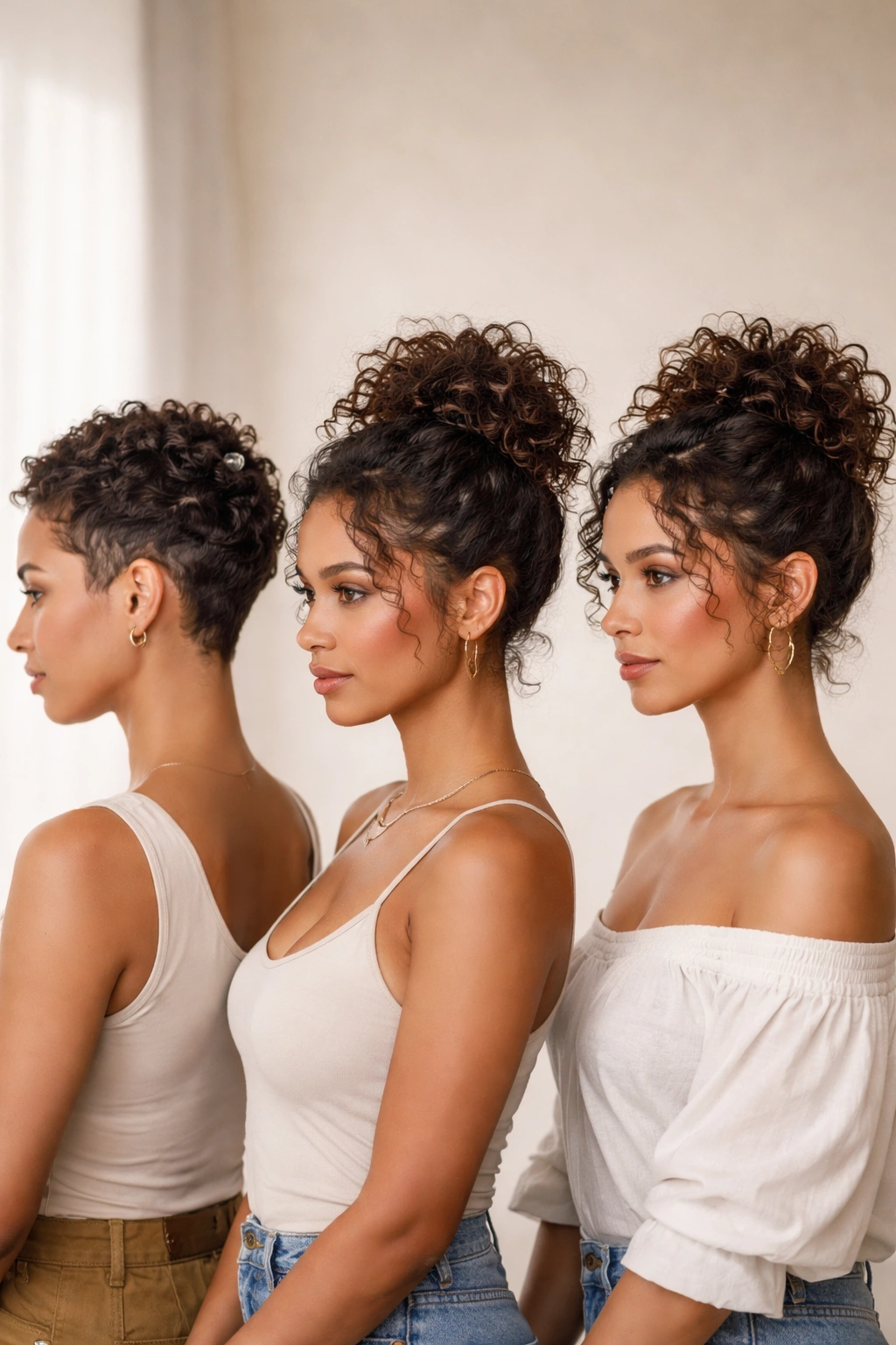 Three short curly heads side by side showing length-based updos