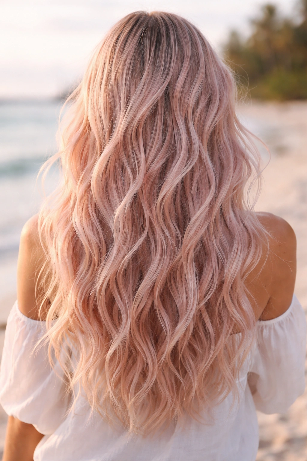 Light pink beachy waves in soft sunlit hair