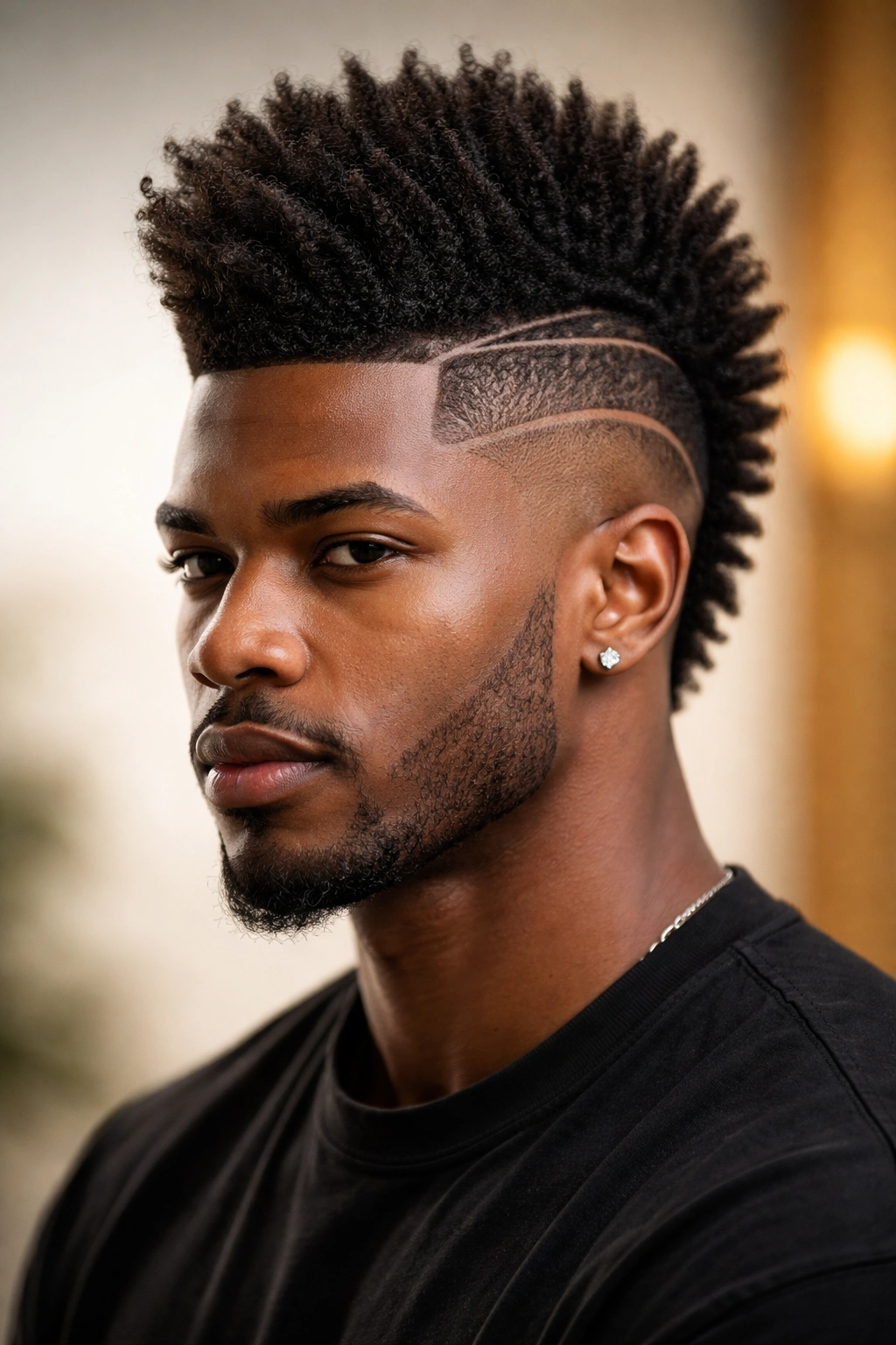 Frontal close-up of a lined-up mohawk with precise side lines