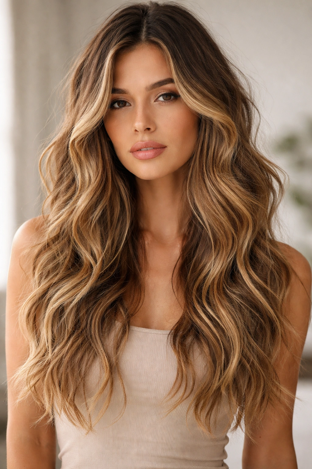 Long wavy hair with sun-kissed irregular highlights and tousled texture.