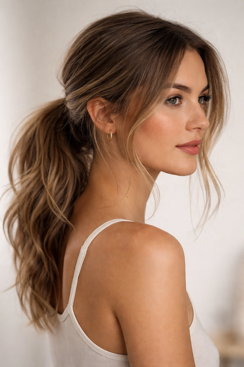Lived-in low ponytail with gentle texture and loose pieces