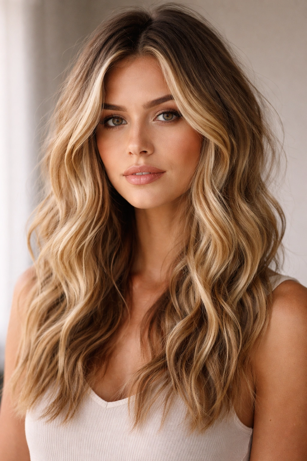 Lived-in waves on medium-length blonde hair with dimensional rooting