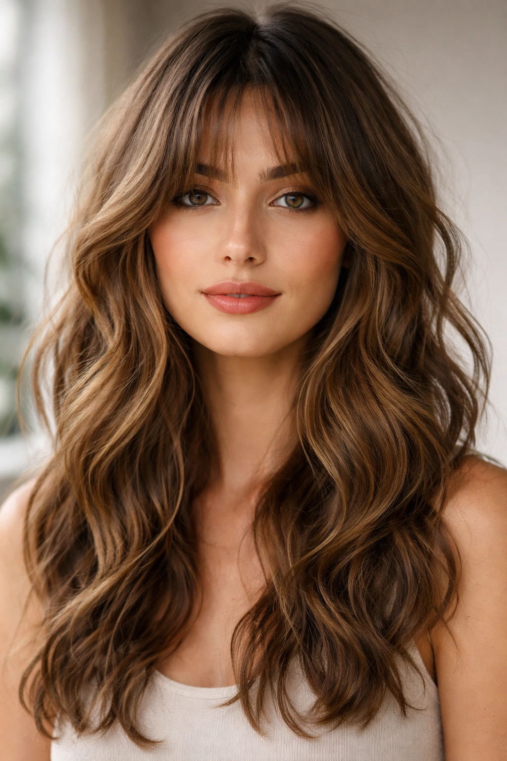 Close-up of a person with soft curtain bangs and lived-in waves