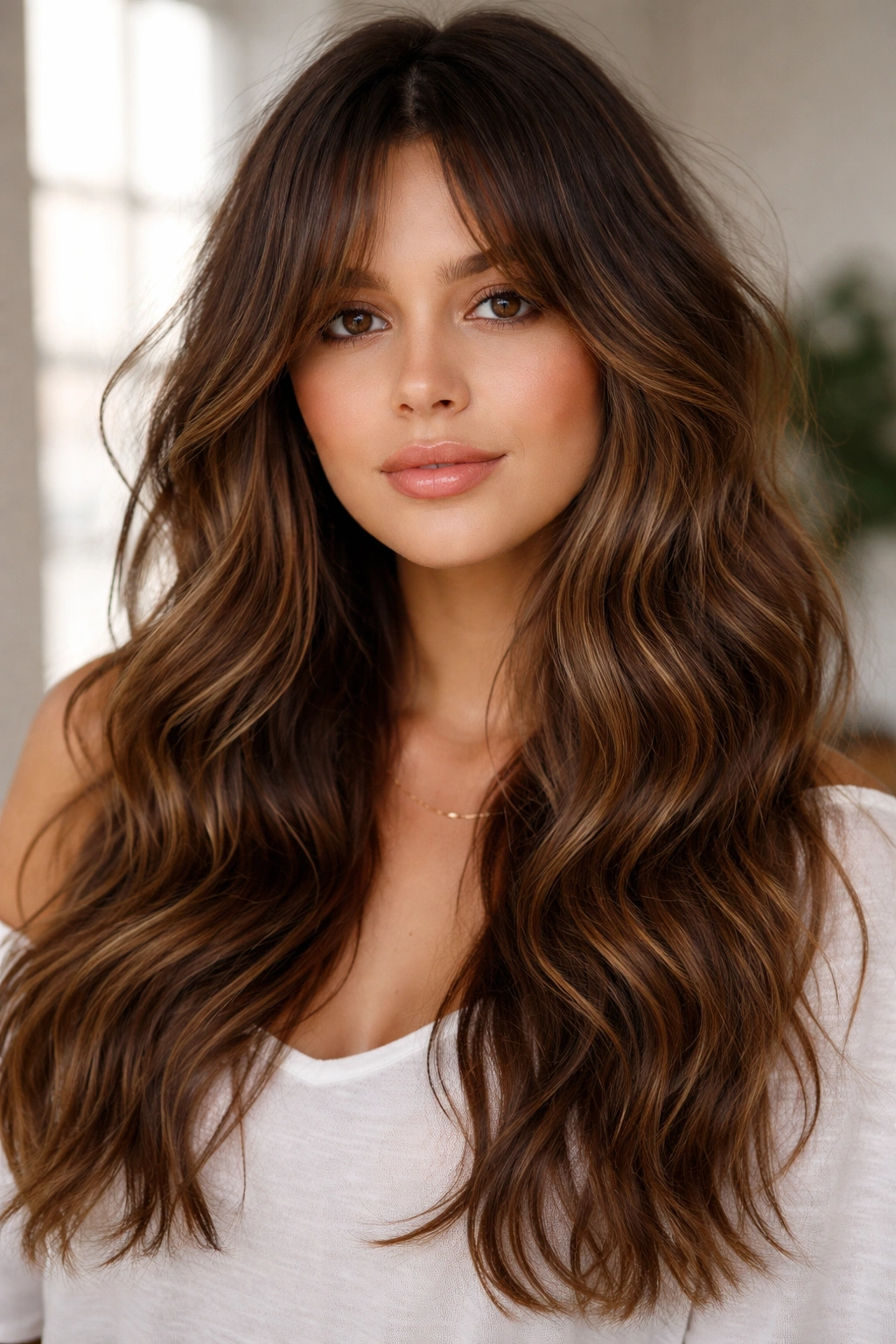 Close-up of long, textured waves with undone curtain bangs on a model in a softly lit studio