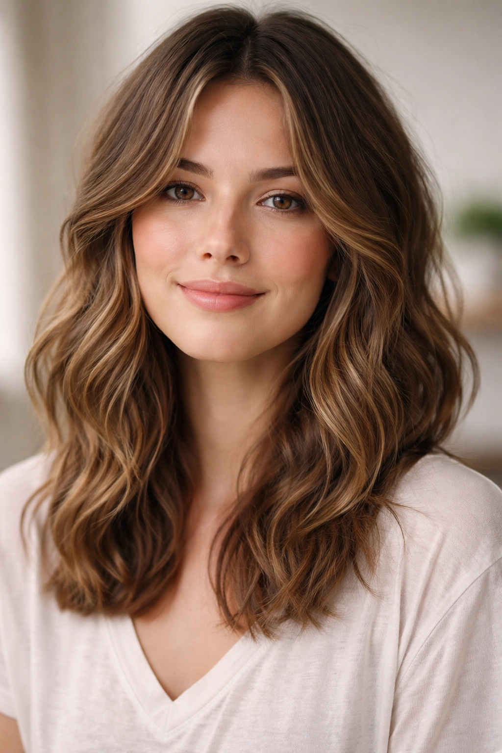 Shoulder-length hair with natural, lived-in waves and subtle layers