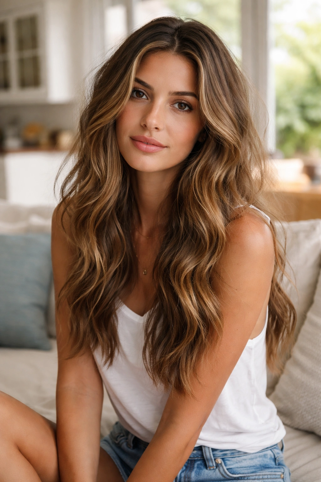 Model with relaxed, lived-in waves in a casual setting