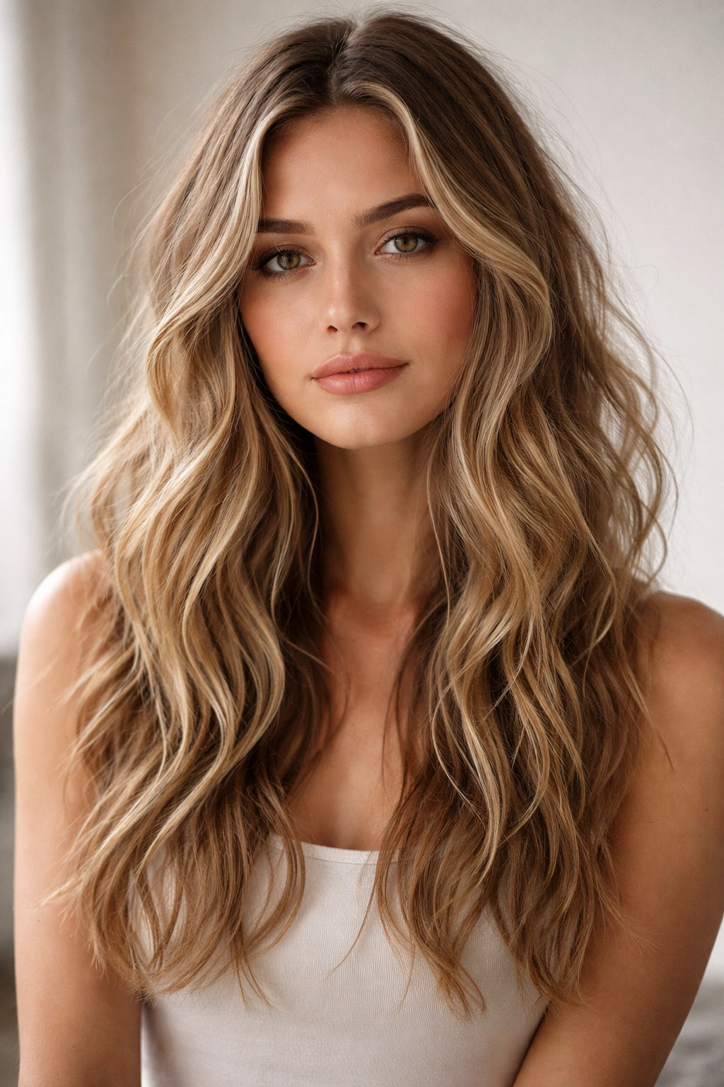 Long hair with lived-in waves and undone texture on a model in studio lighting