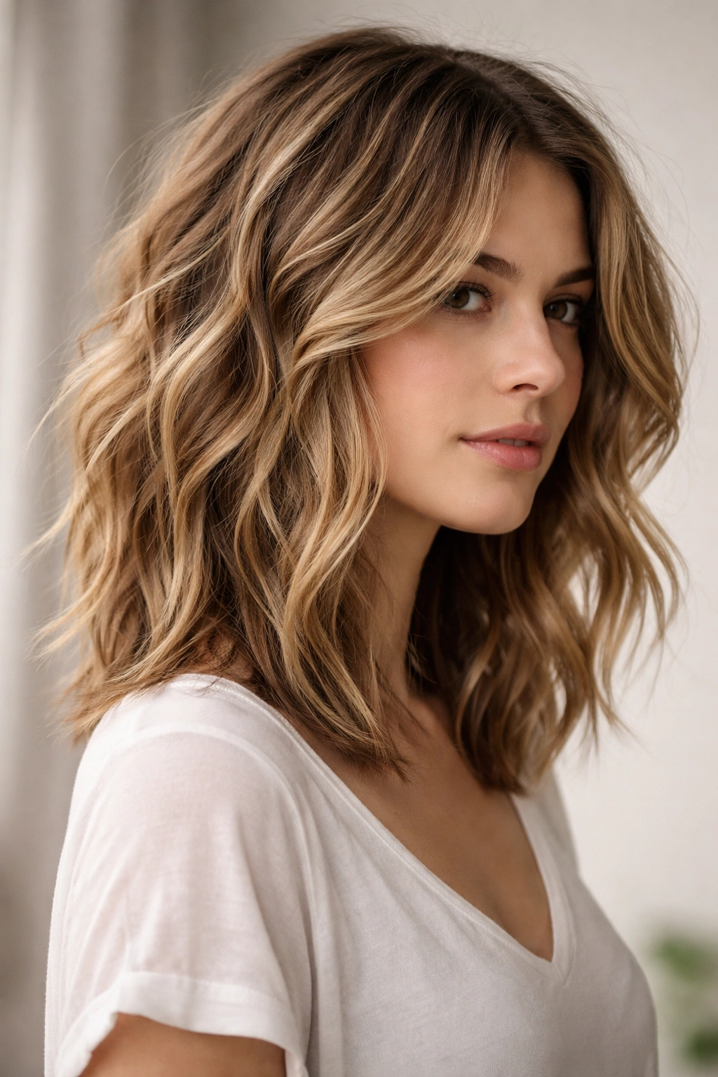 Textured lob hairstyle with choppy layers and defined waves