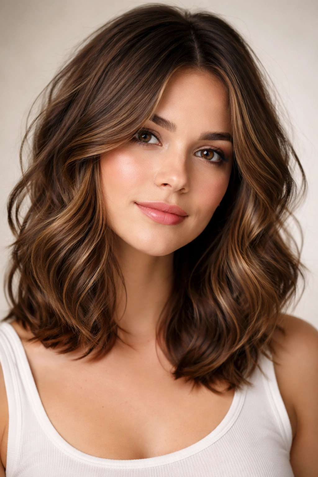Wavy lob hairstyle with face-framing layers