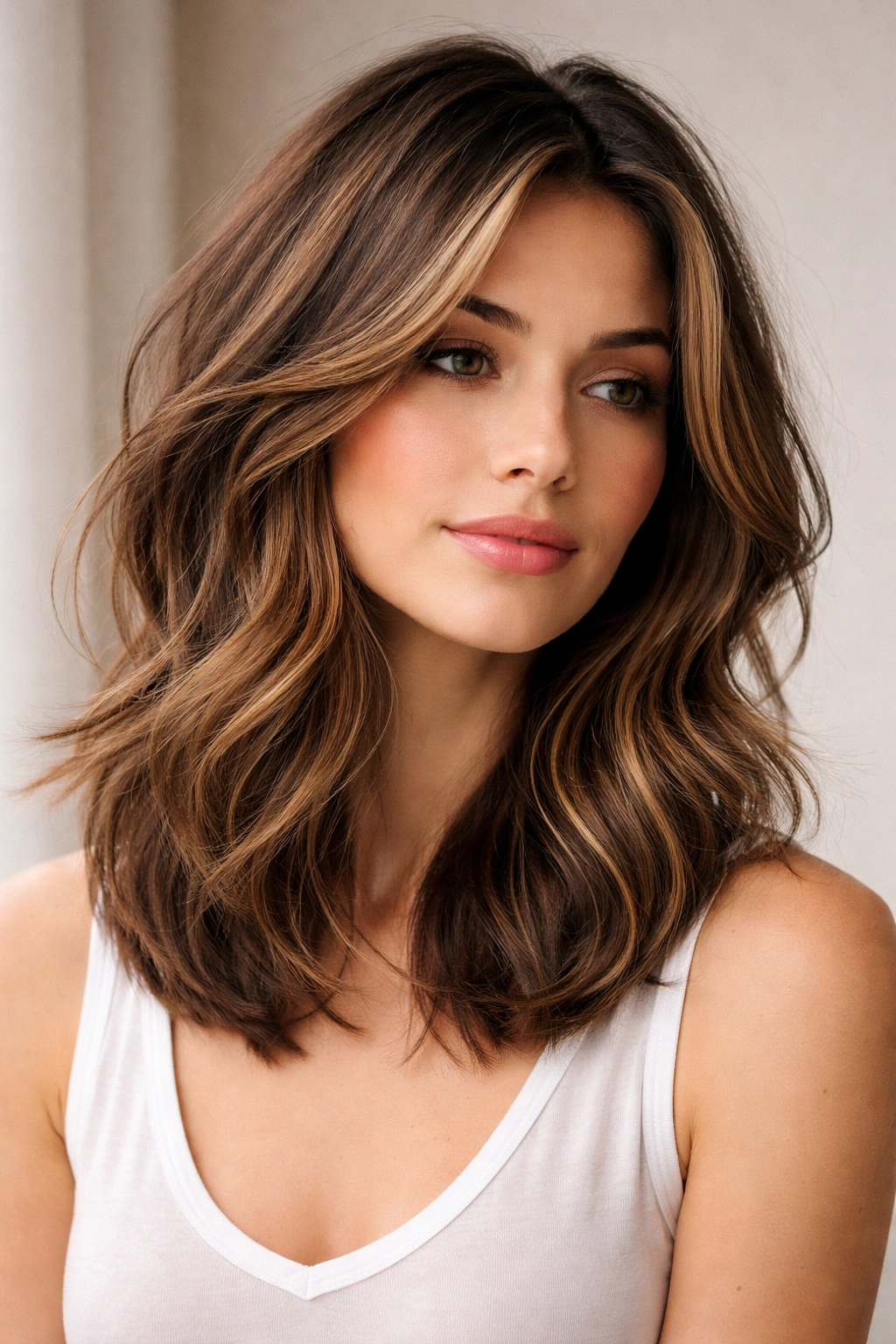 Face-framing lob with soft layers around the cheeks and crown