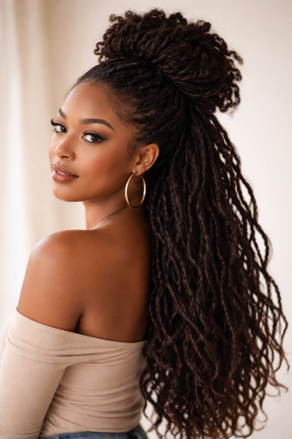 Voluminous loc puff at crown with loose locs flowing down back