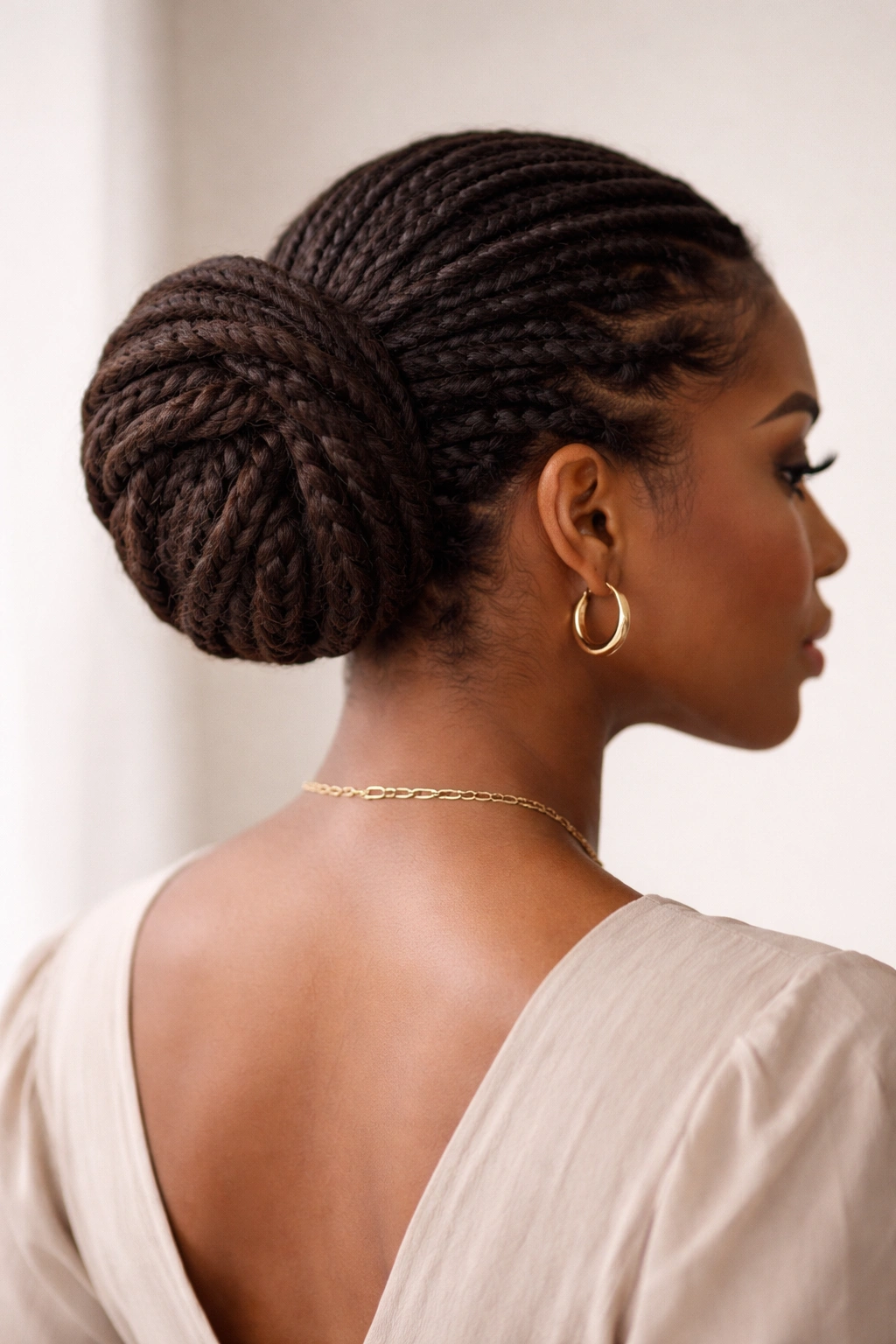 Updo with hidden braids under the locs at the nape