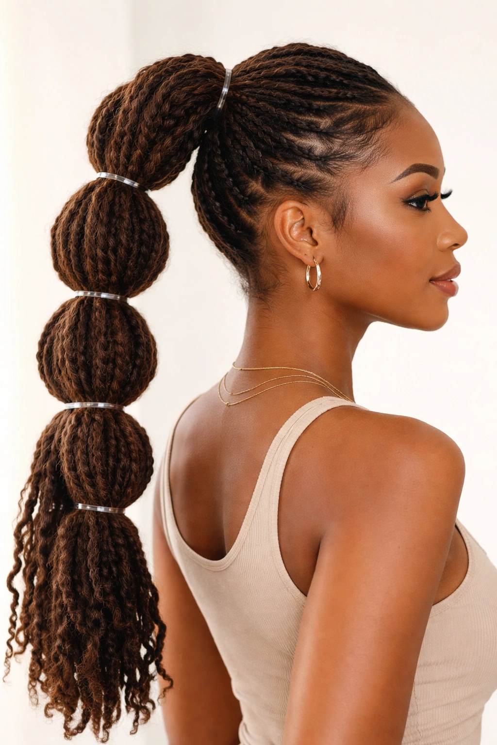 Bubble ponytail showing segmented puffed sections along locs.