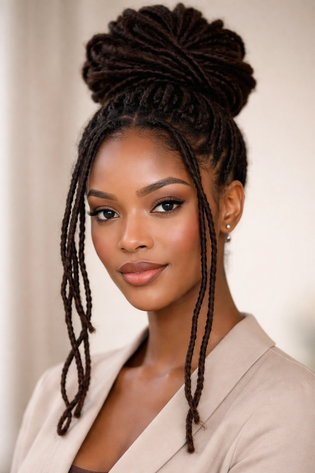 Close-up of locs in a Classic High Bun with Face-Framing Pieces, highlighting textured bun and face-framing strands.