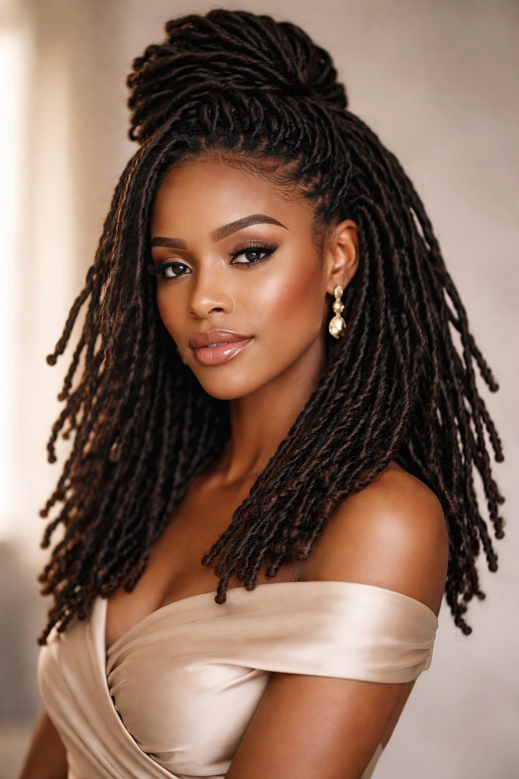Close-up portrait of shoulder-length locs styled in an elegant updo with natural shine