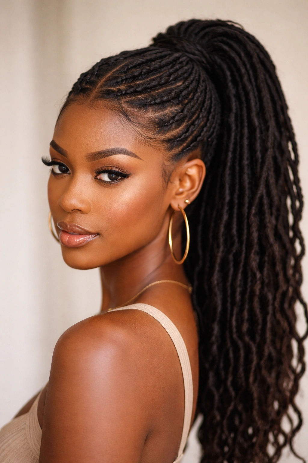 Locs or faux locs styled into a middle-part ponytail