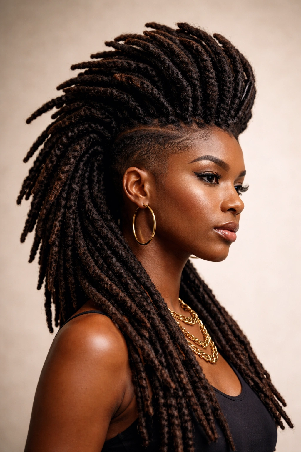 Close-up of locs forming a tall mohawk with shaved sides