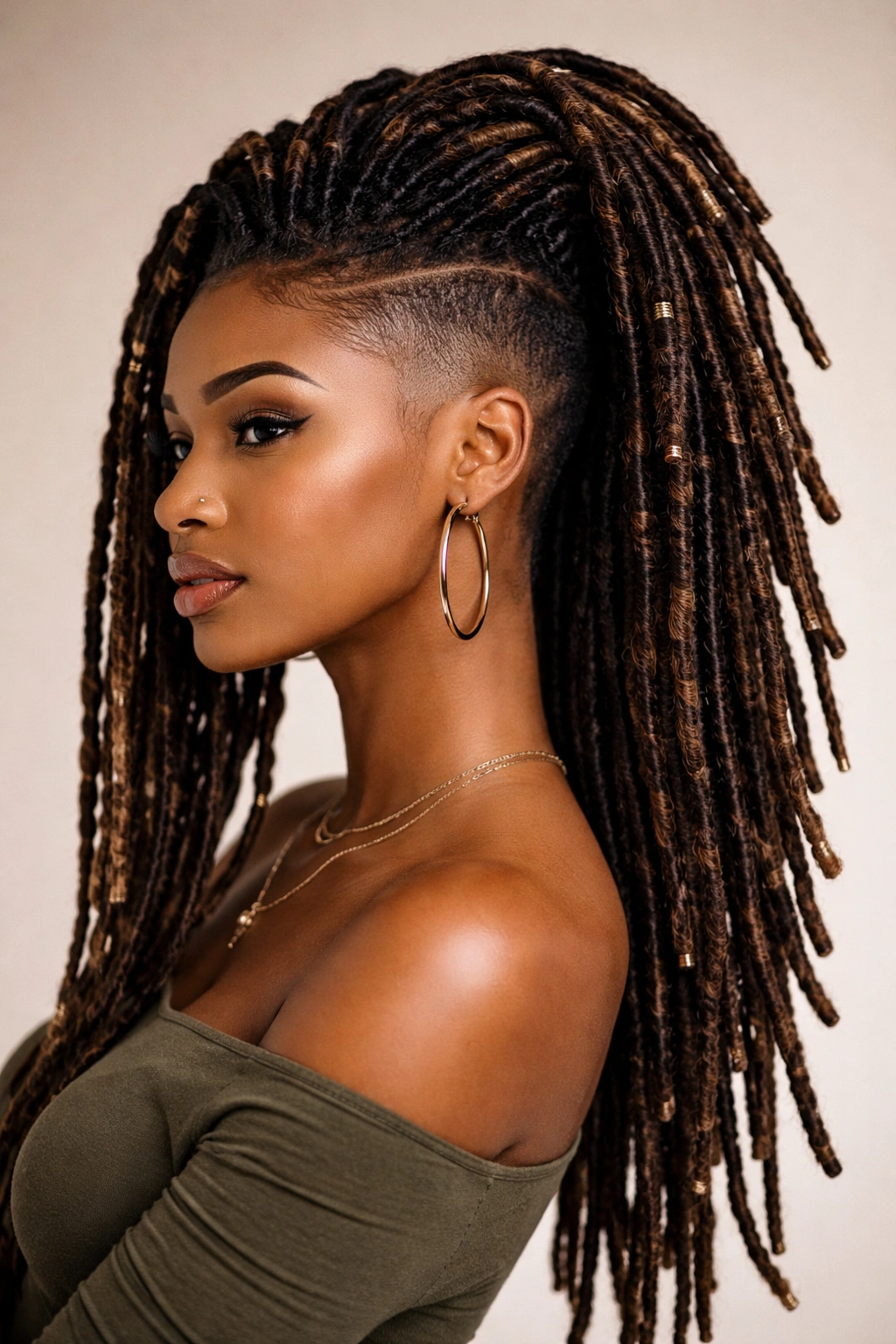 Close-up of a person with long locs forming a mohawk and faded sides