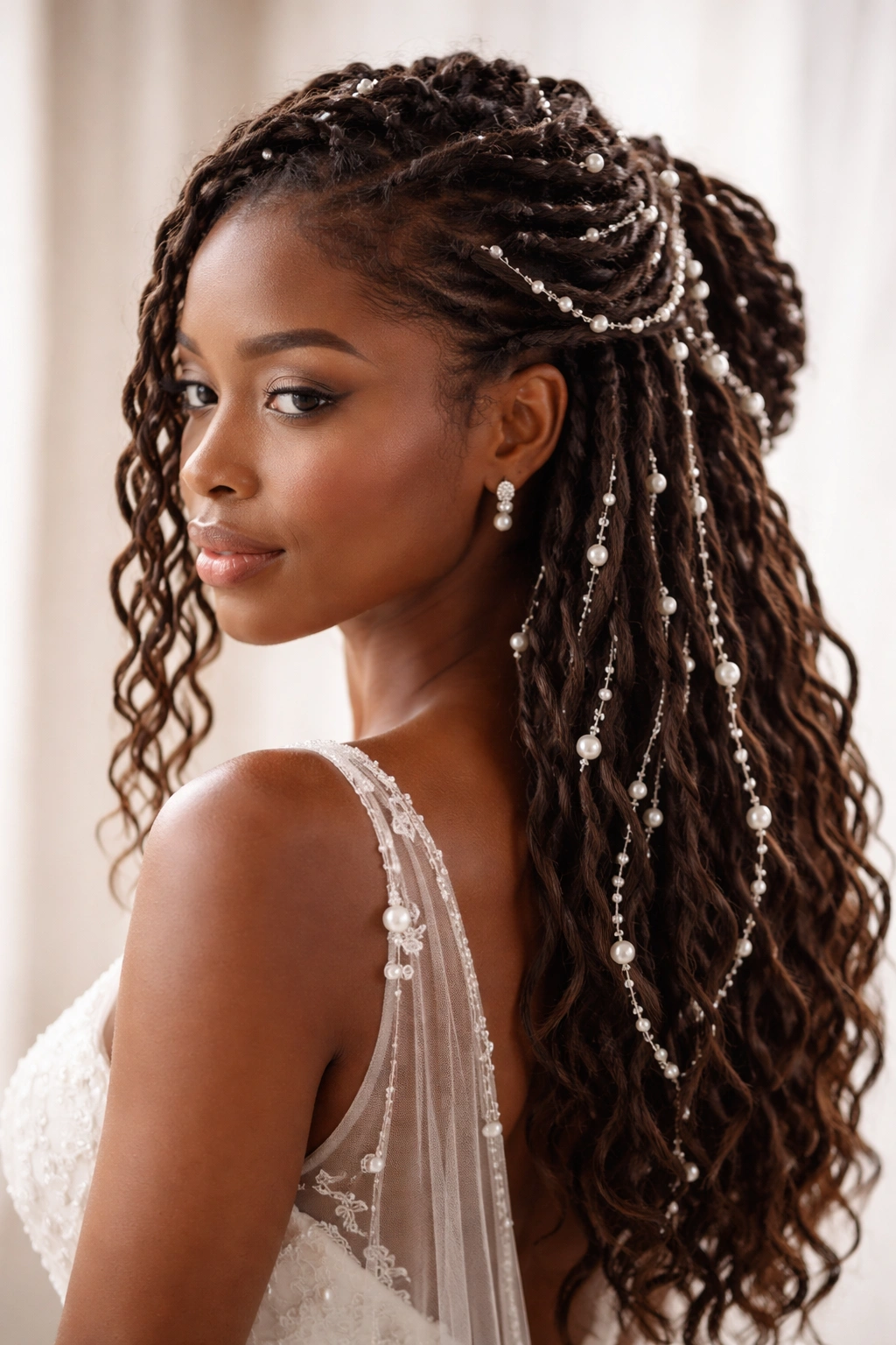 Locs wrapped with pearl threads for an ethereal bridal look.