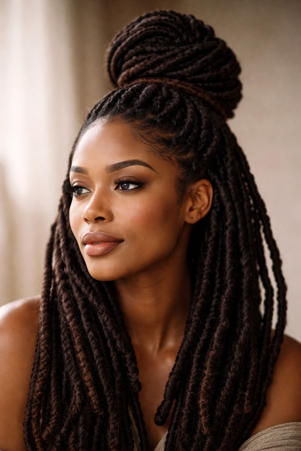 Portrait of a woman with locs styled in an elegant high bun in a studio setting