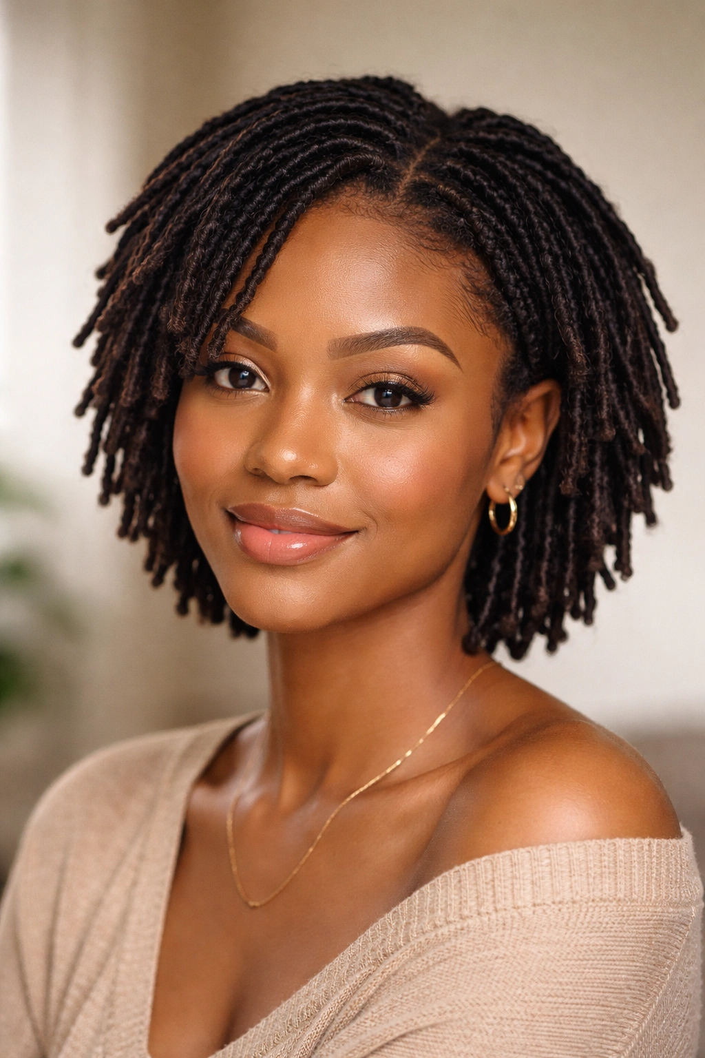 Portrait of short locs (3-8 inches) in a protective style