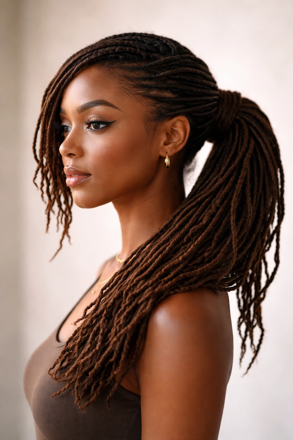 Side swept ponytail with locs gathered to one side for a modern silhouette.