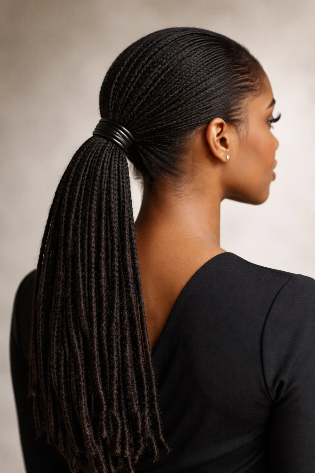 Low sleek ponytail at the nape of the neck with smooth locs.