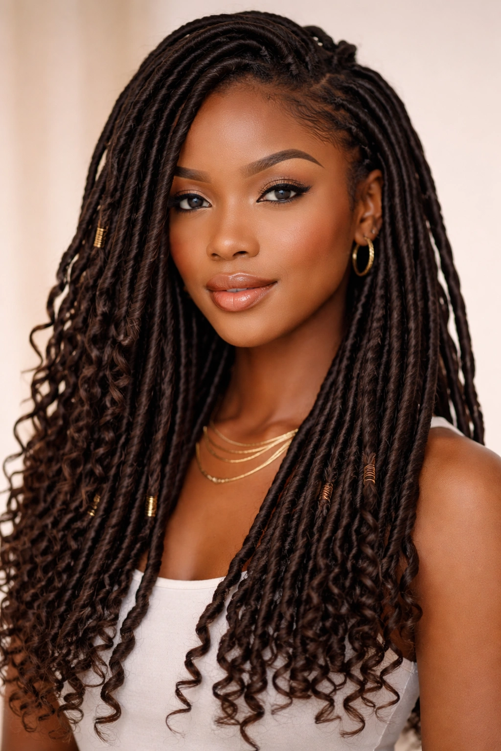 Close-up of soft locs and faux locs with tubular strands