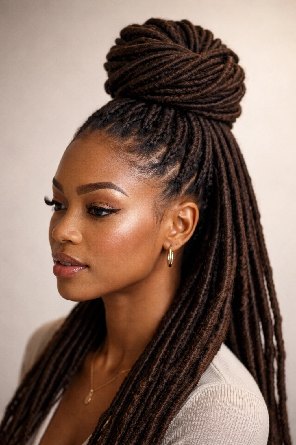 Close-up of a high top knot bun formed from locs at the crown, photorealistic.
