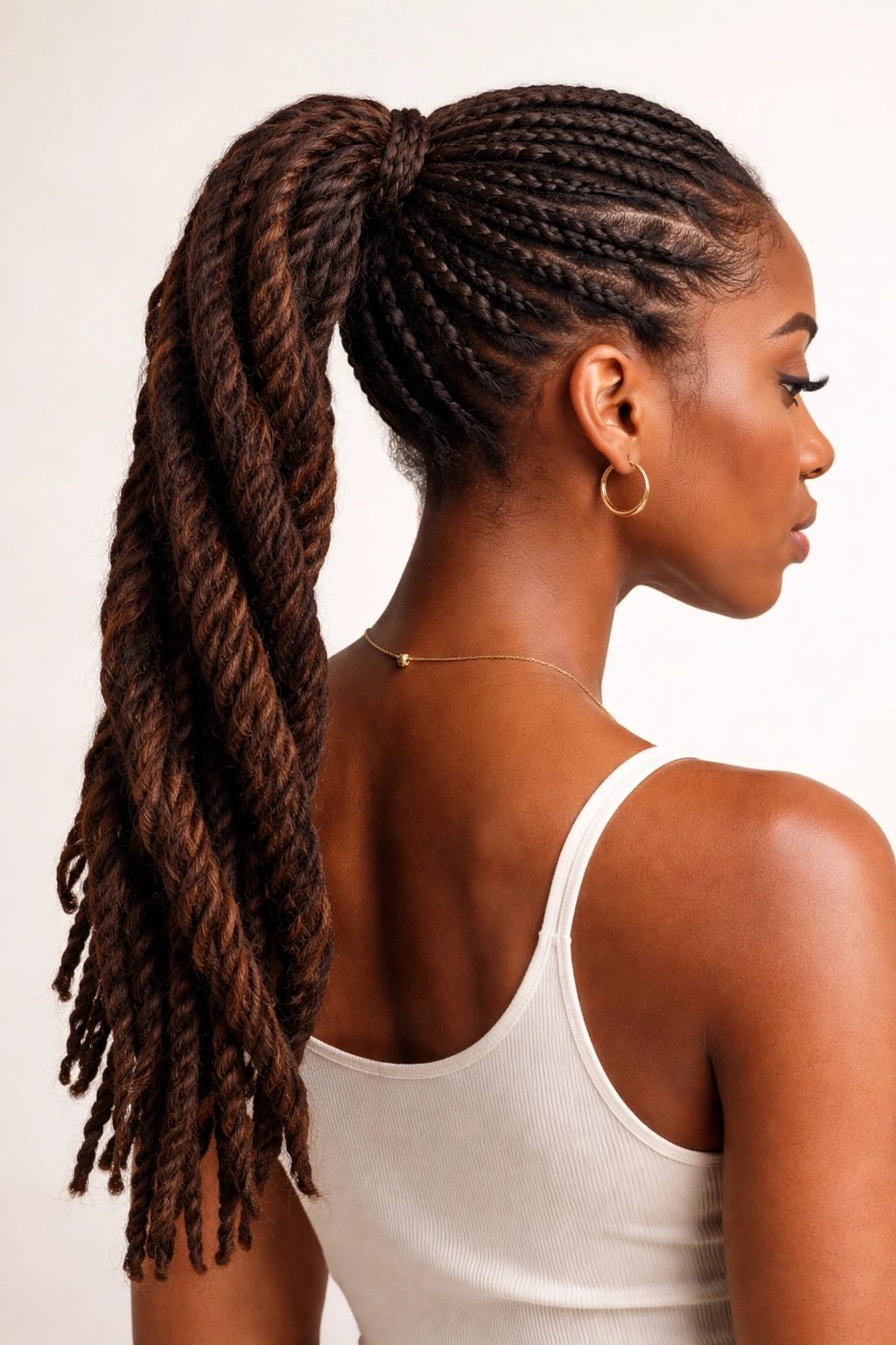 Two-strand twisted ponytail with rope-like twists along the length of locs.