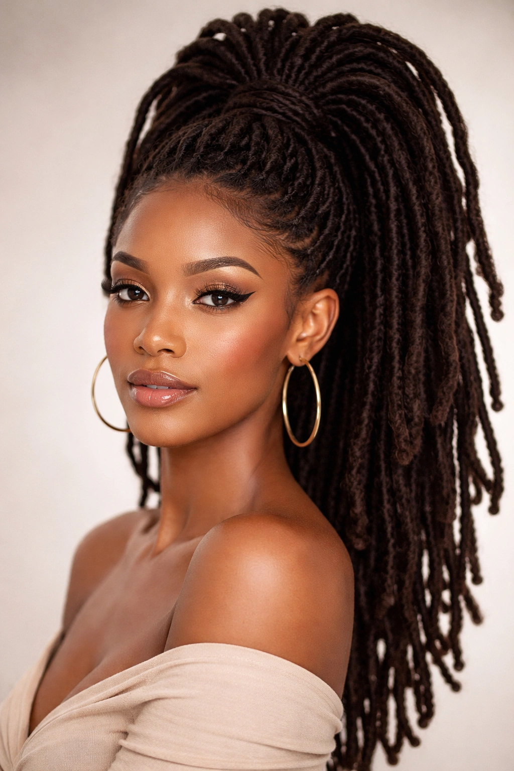 Voluminous high ponytail at the crown with thick locs creating dramatic silhouette.