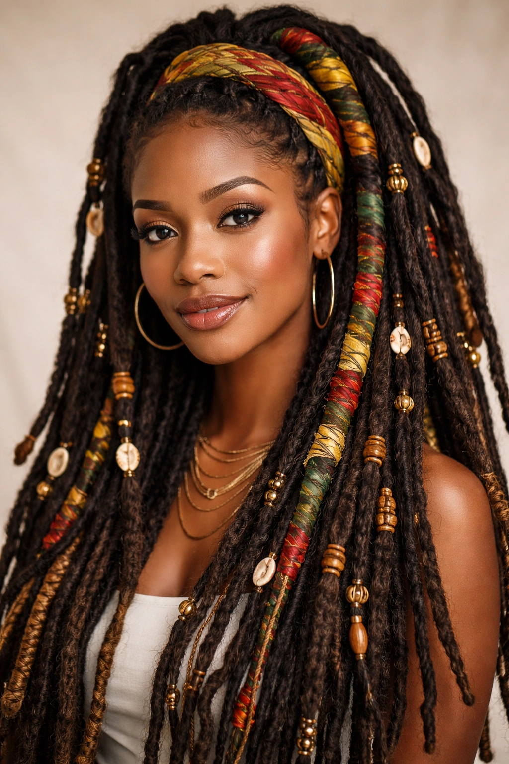 Locs wrapped with colorful wraps and beads including cowrie shells