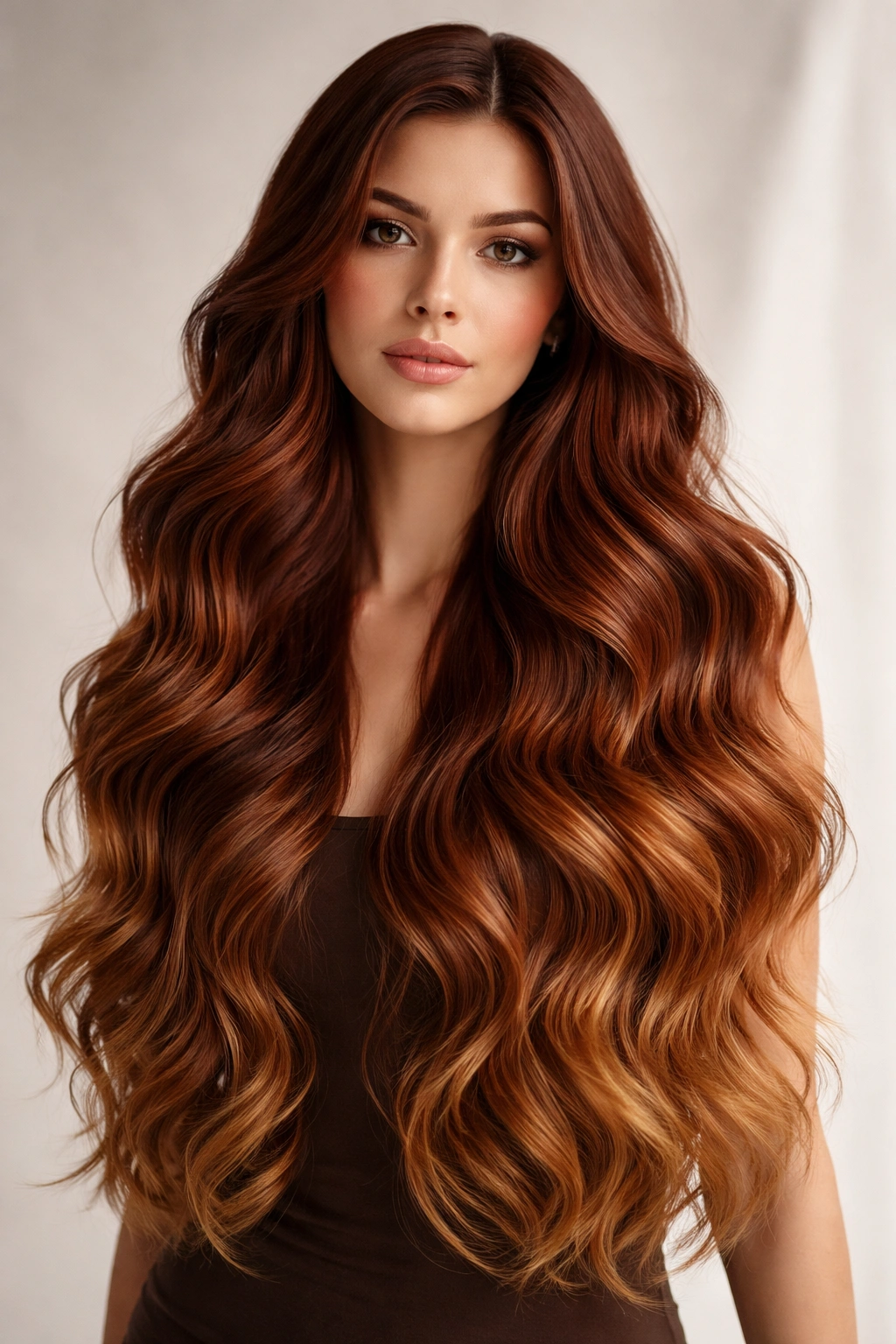 Extra-long auburn hair with subtle ombre in waves