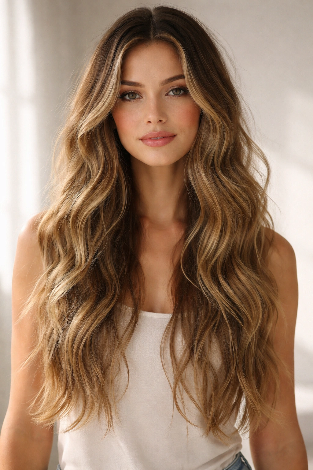 Long beach waves hairstyle with soft natural waves and length