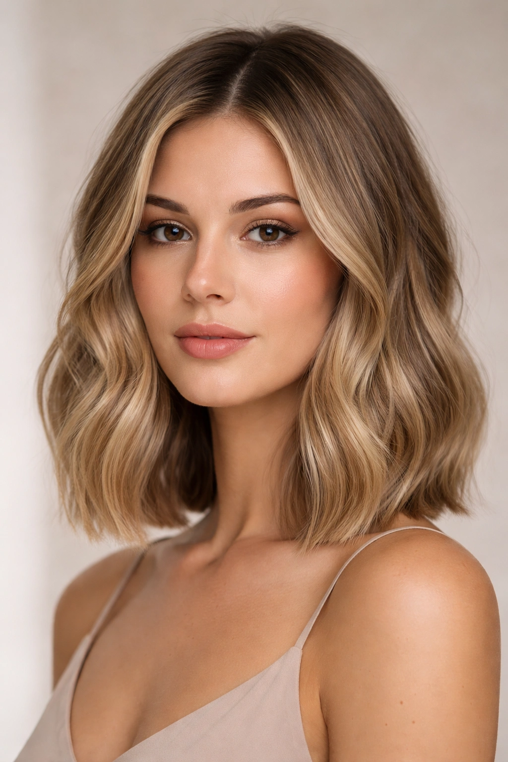 Close-up of a sleek collarbone-length bob with textured waves and shine
