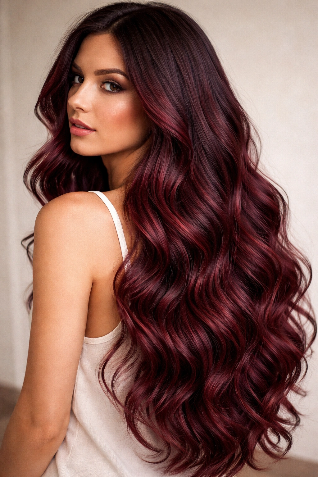 Long burgundy waves with dark roots gradient