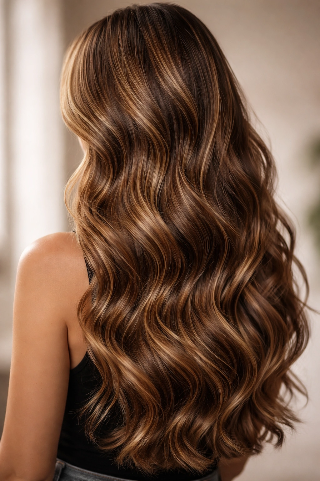 Long caramel waves with dimensional highlights showing color depth