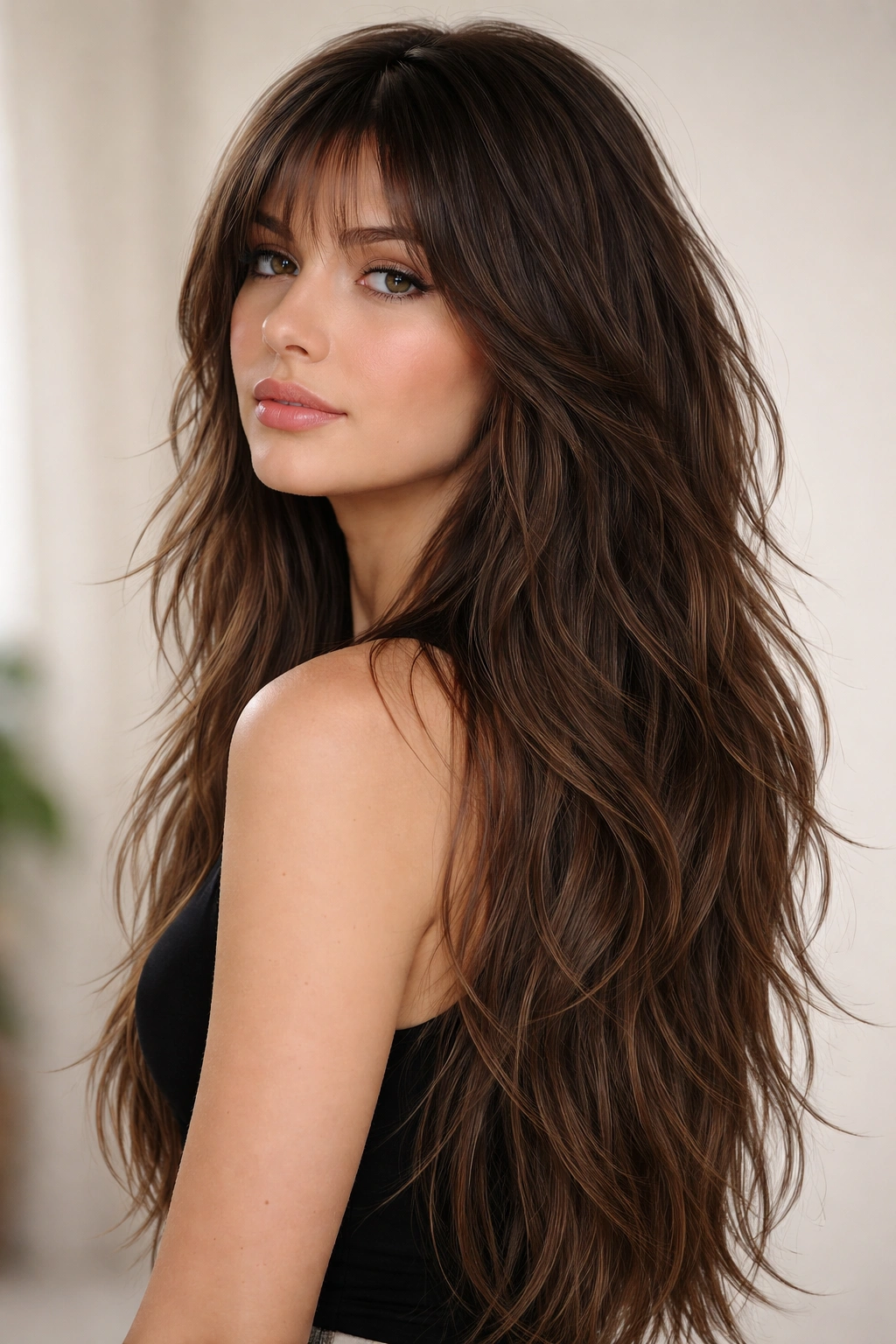 Long choppy wolf cut with extended underneath layers in a studio portrait