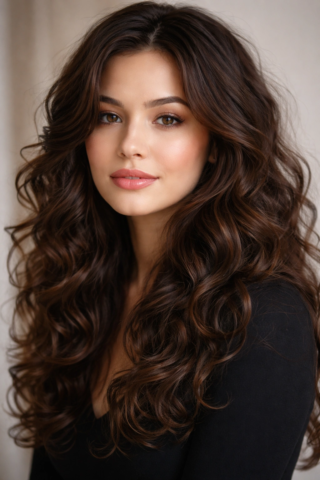 Long curly hair with face-framing layers framing the face