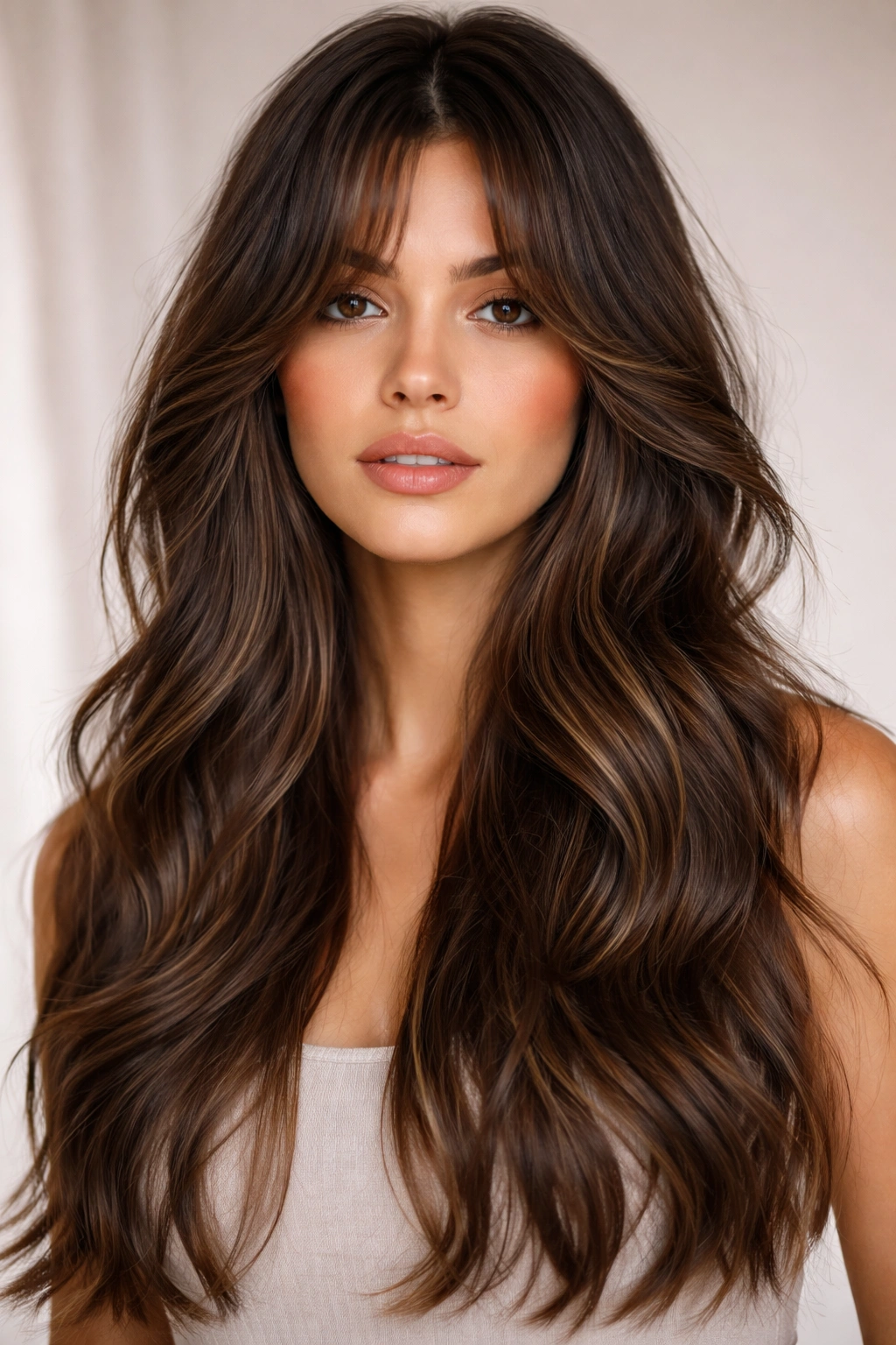 Close-up of long layered curtain bangs with gentle waves framing the face