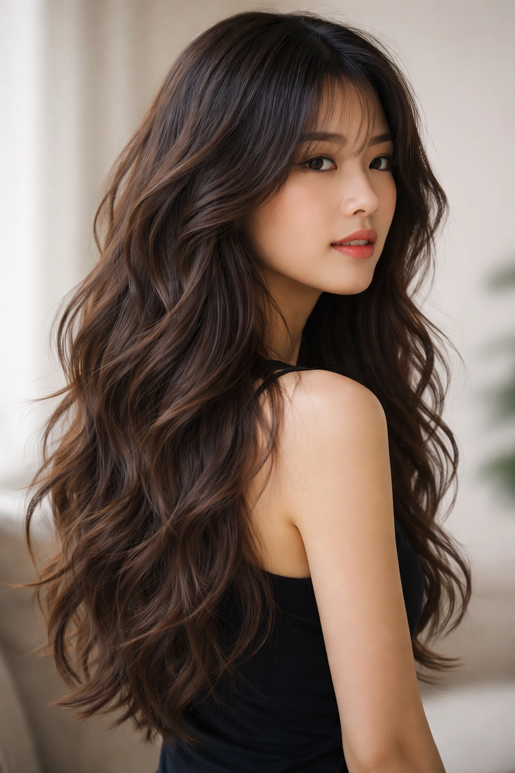 Long hair with choppy layers and textured waves.
