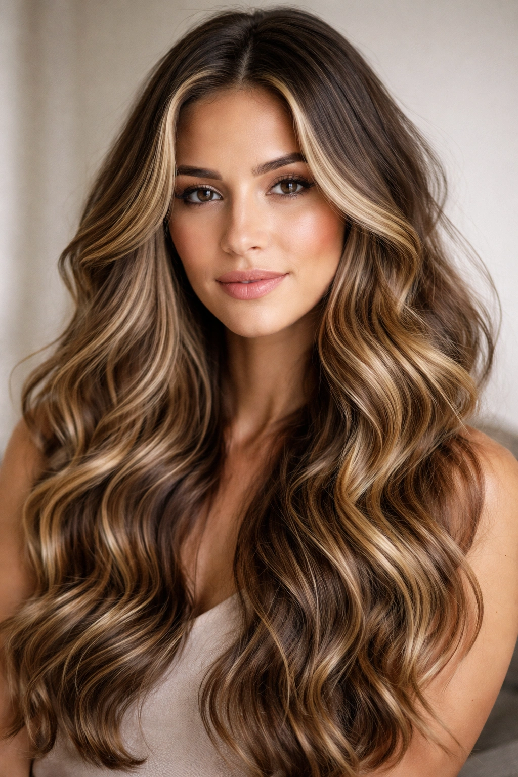 Close-up of long wavy hair with highlights showing dimensional color and texture