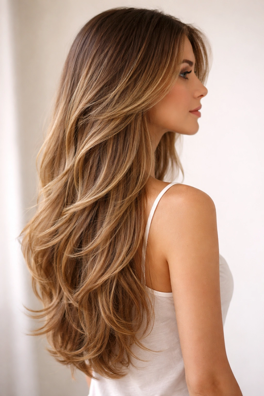 Long hair with blended graduation layers flowing to mid-back