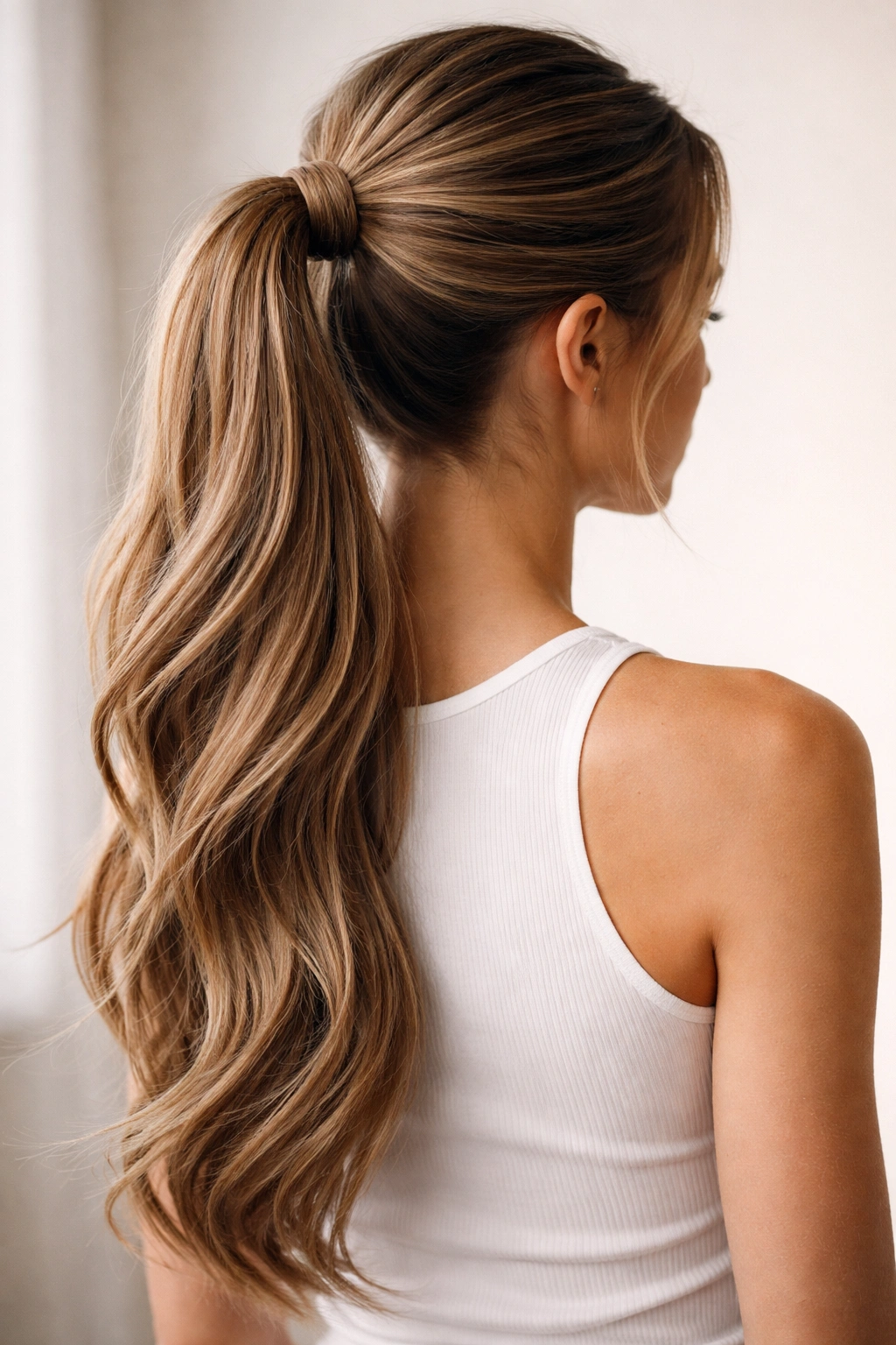 Back view of long hair ponytail with wrapped strand and pins.