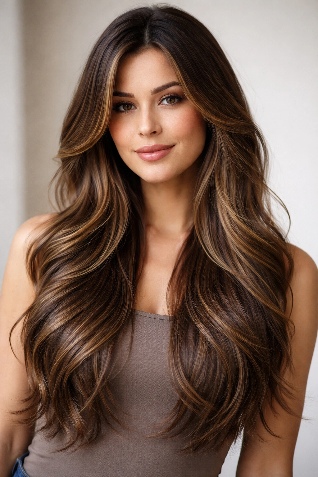 Close-up of long wavy hair with tapered ends and layered mid-lengths in a studio setting