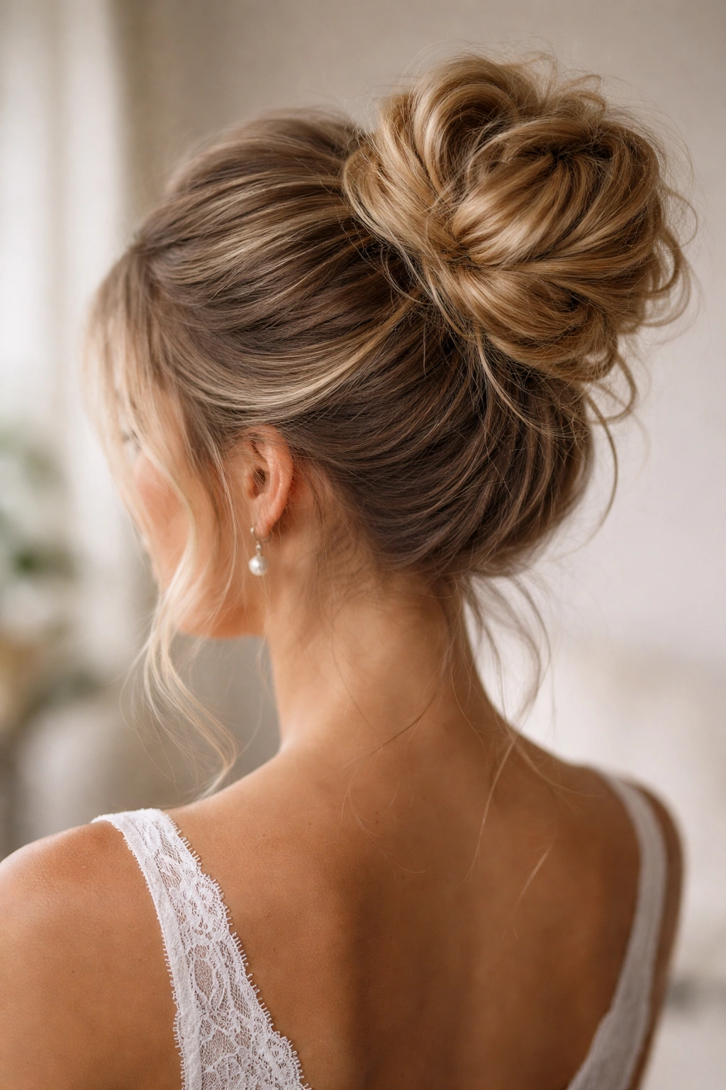 Back view of a securely styled high messy bun with wrapped base.