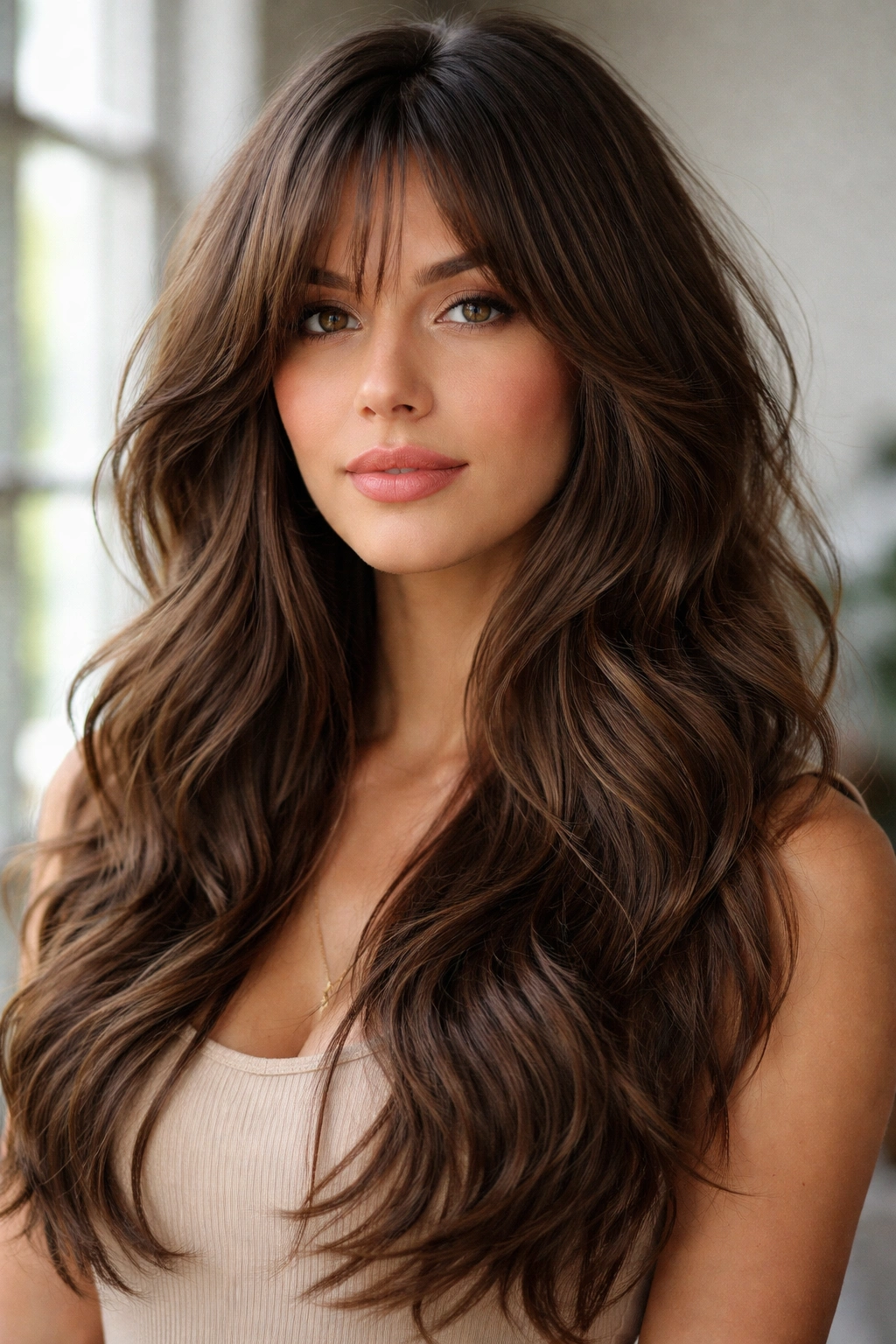 Long layered bangs blending into thick wavy hair
