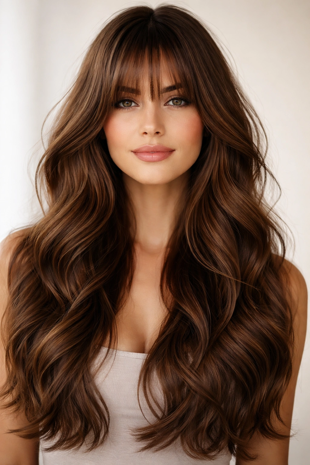 Brown hair with long layered bangs and cascading waves.