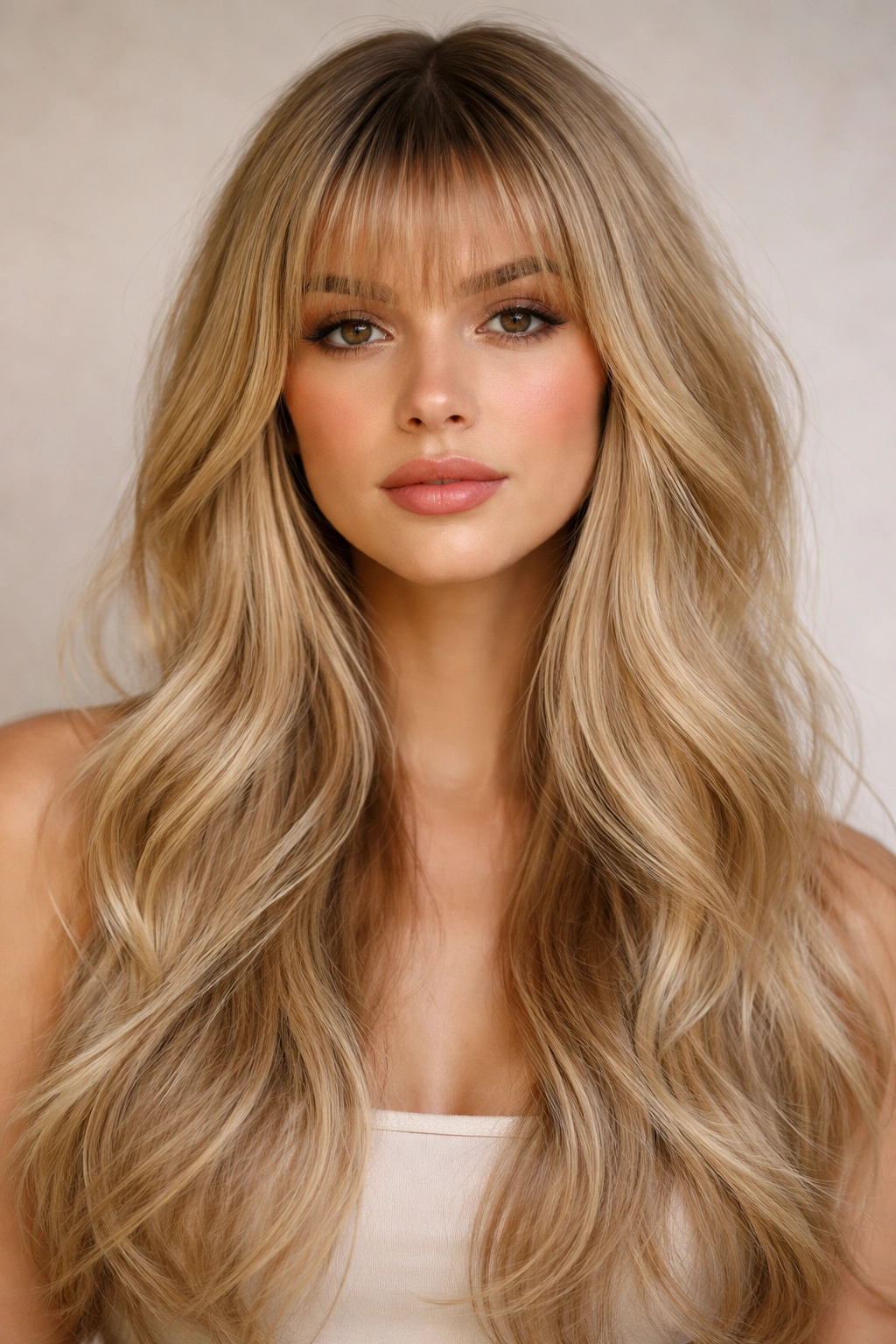Long layered blonde hair with micro bangs.